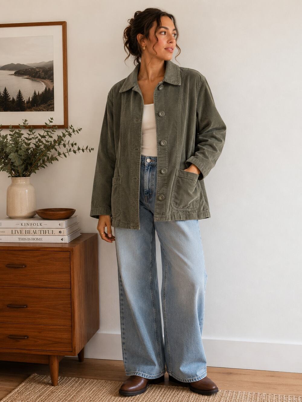 Vintage Eddie Bauer Olive Corduroy Chore Jacket Cotton Utility Blazer L ✨